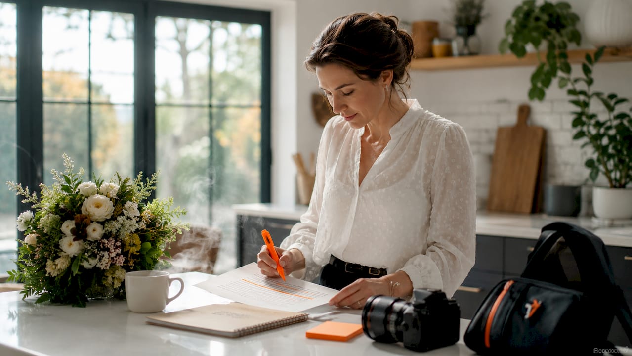 Photographer reviewing wedding shot list