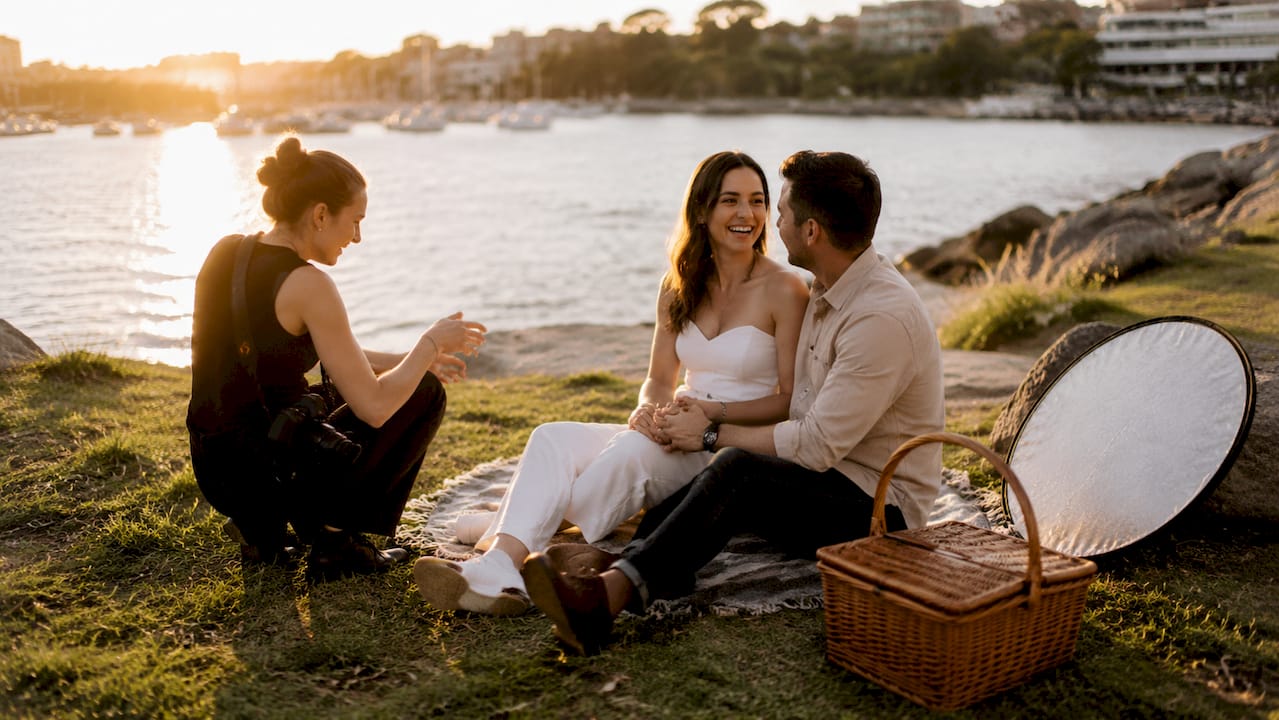 Couple interacting comfortably with photographer outdoors