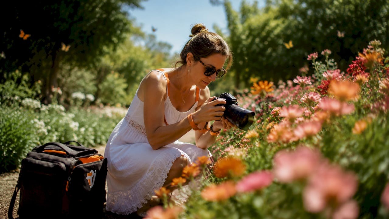 Photographer adjusting camera under harsh midday sun outdoors