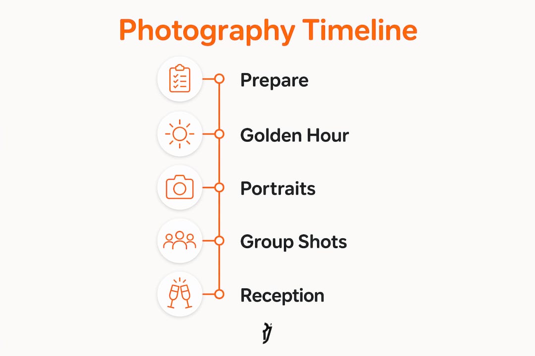 Infographic illustrating outdoor wedding photography timeline steps