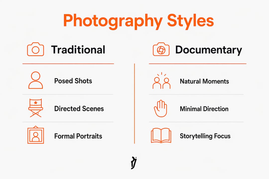 Infographic comparing traditional and documentary wedding photography styles