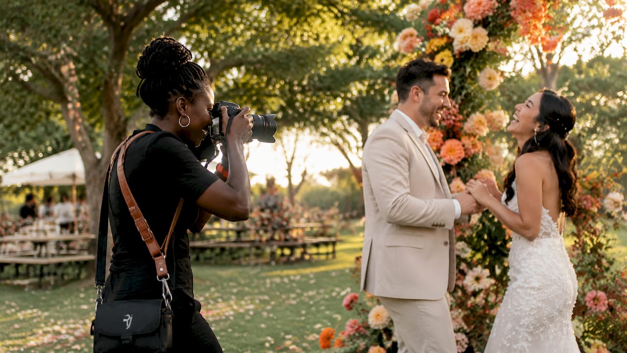 Documentary photographer capturing candid wedding moments outdoors