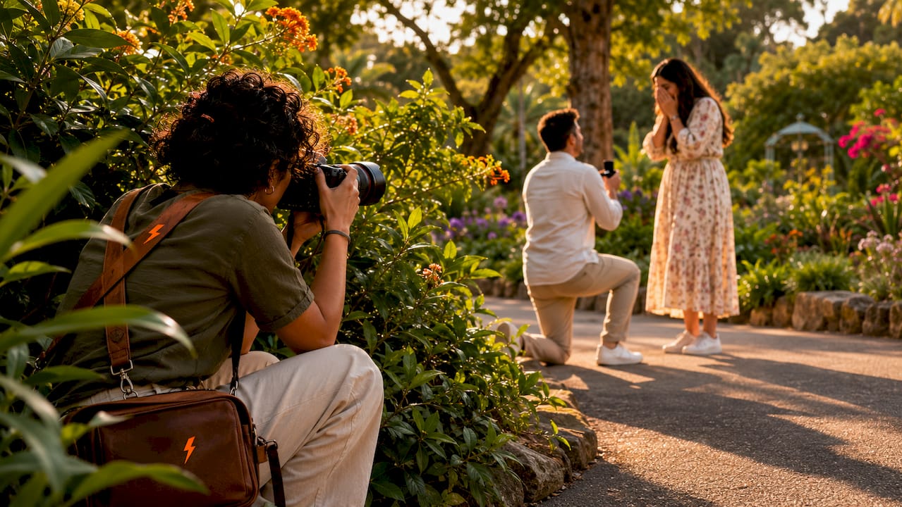 Photographer capturing couple's surprise proposal moment
