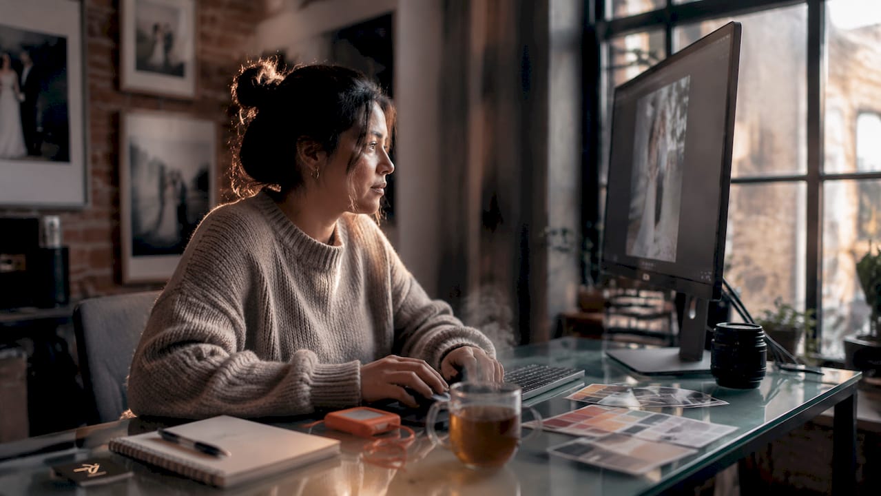 Photographer editing wedding photos at home studio