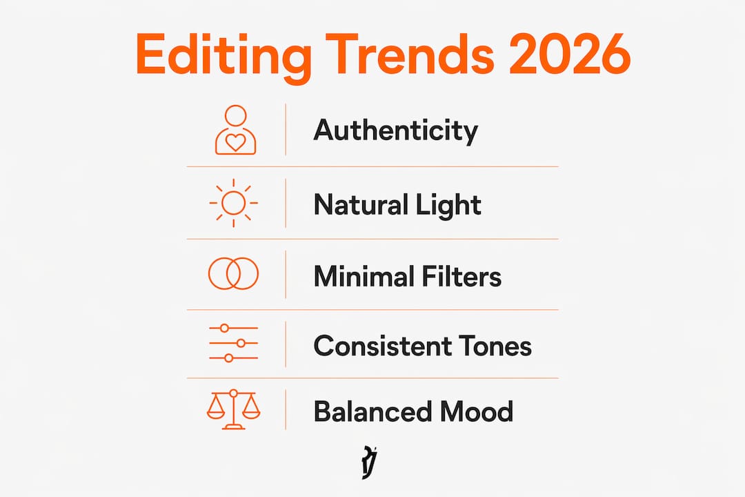 Infographic illustrating 2026 wedding photo editing trends