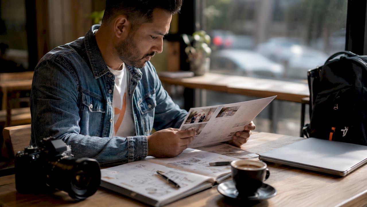 Photographer reviewing wedding package brochure