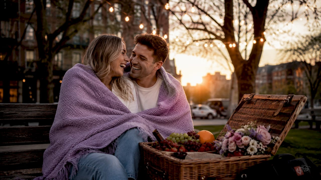 Couple wrapped in blanket with props outdoors