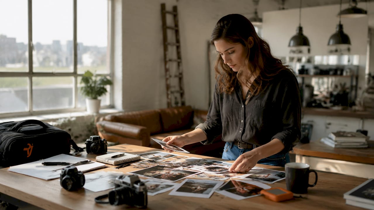 Documentary wedding photographer reviewing photos