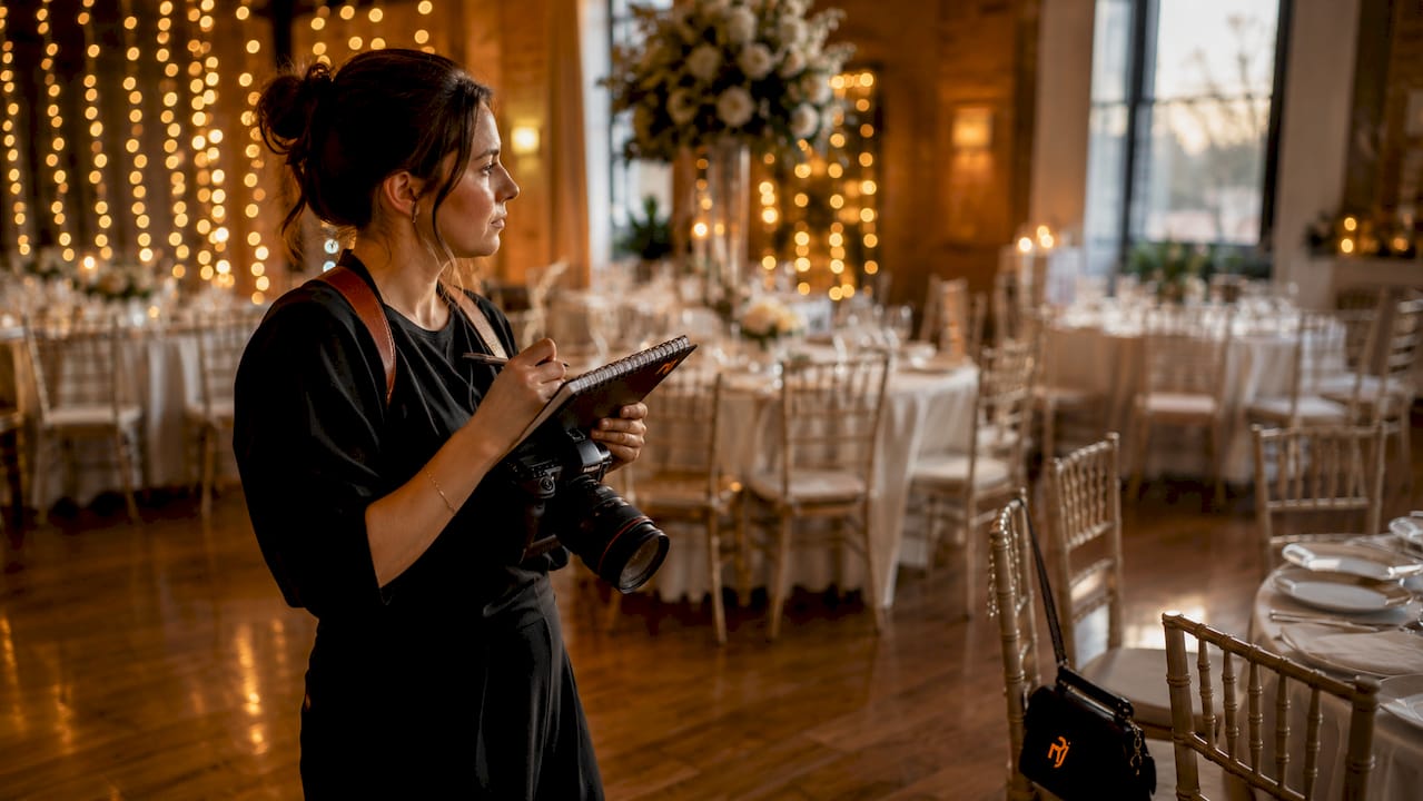 Photographer scouting outdoor wedding venue in afternoon