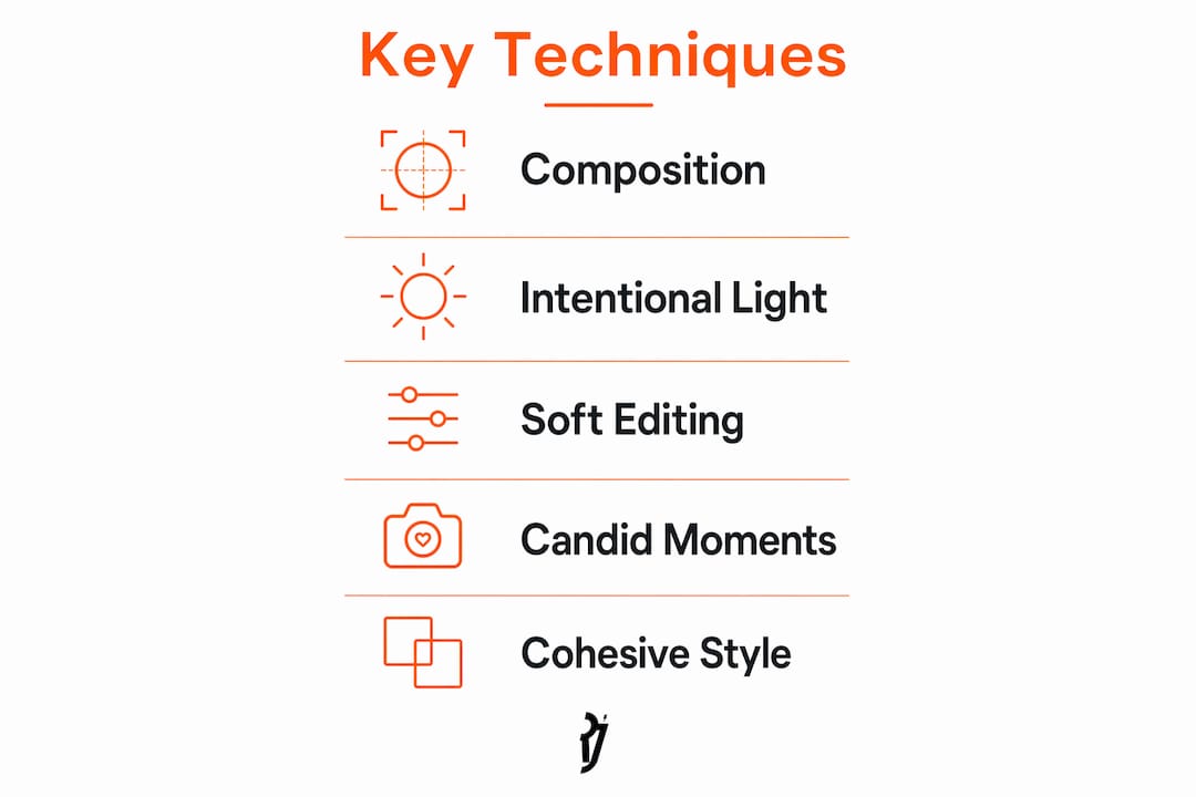 Infographic showing key fine art wedding photography techniques