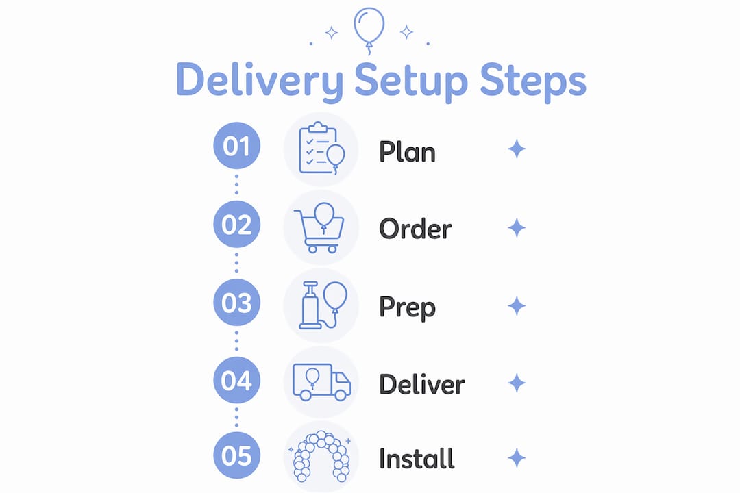 Balloon Decor Delivery Setup: Your Complete Event Guide Infographic illustrating balloon delivery setup steps