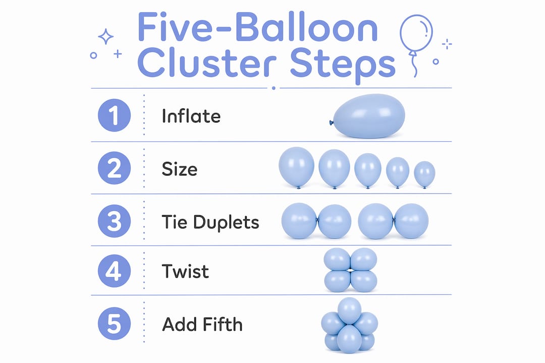 Balloon Cluster Design: A Complete Event Decor Guide Infographic illustrating five steps to make balloon clusters