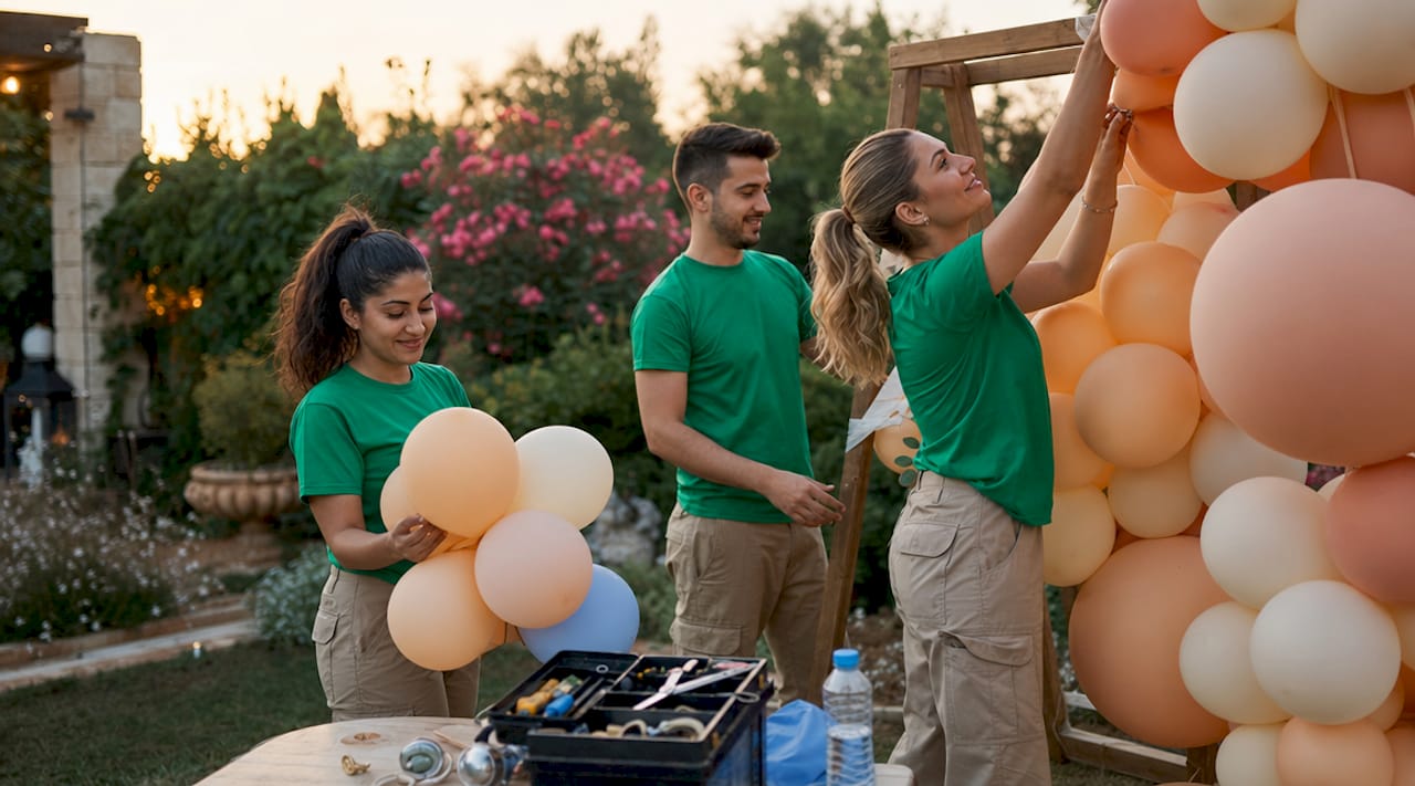 Balloon Decor Delivery Setup: Your Complete Event Guide Team assembling balloon arch at event venue