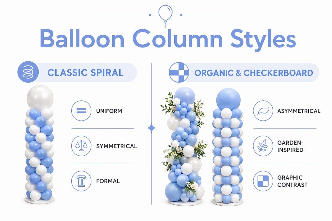 What Is a Balloon Column? Design Ideas and Setup Tips Infographic comparing balloon column design styles