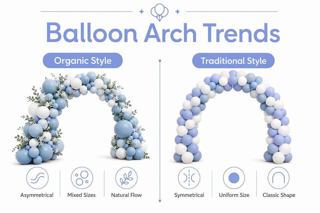 Luxury Balloon Arch for Photo Backdrops in Marietta, Ga. : 2026 Atlanta Design Guide Infographic comparing balloon arch design styles