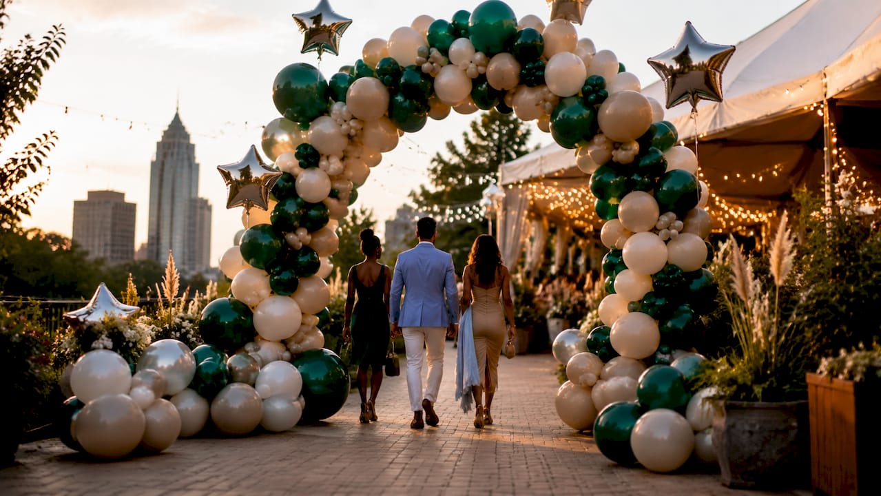 Outdoor event entrance with patriotic balloon arch and guests