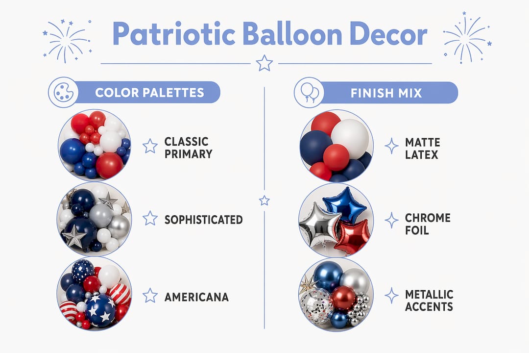 Infographic comparing patriotic balloon color palettes and finish mixes