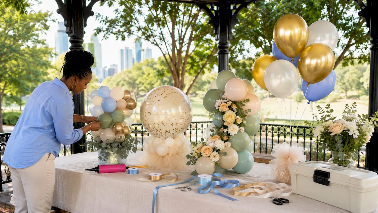 Baby Shower Balloon Centerpieces Guide for New Parents Four types of baby shower balloon centerpieces overhead view