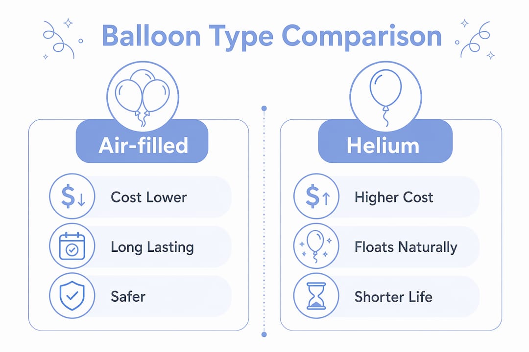Baby Shower Balloon Centerpieces Guide for New Parents Infographic comparing air-filled and helium balloons