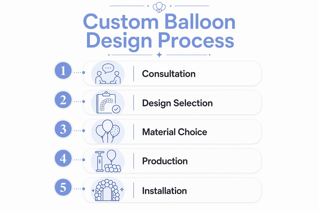 What Is Custom Balloon Design? Your Complete Event Guide Infographic illustrating custom balloon design process steps