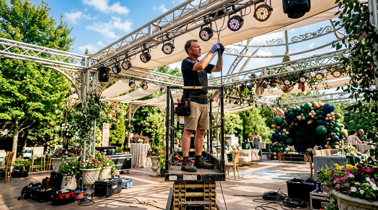 Technician adjusting LED lighting in event venue