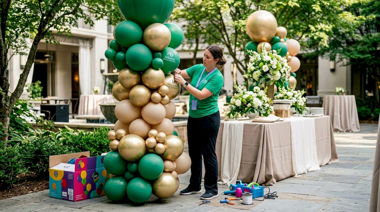 Balloon technician assembling branded balloon column indoors
