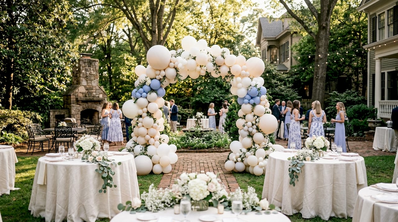 Organic balloon arch in elegant Atlanta wedding hall