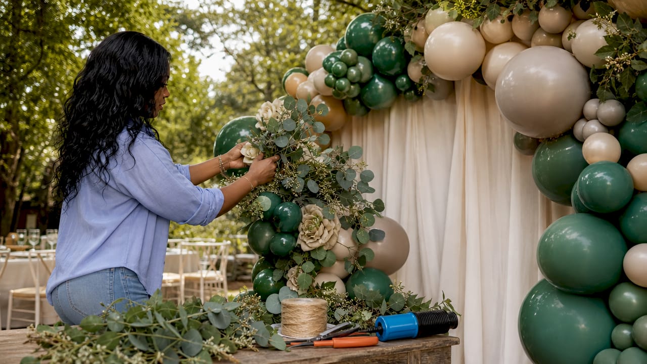Hands adding floral accents to balloon garland backdrop