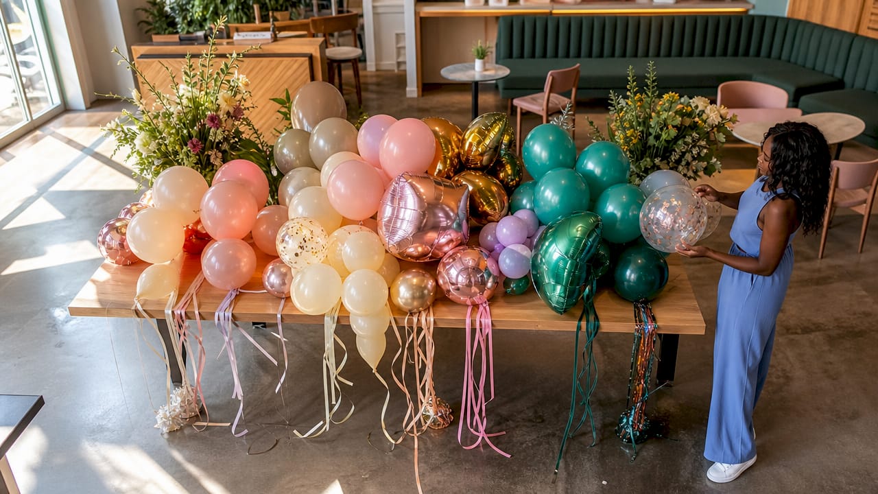 Varied latex and foil balloons arranged on event venue table