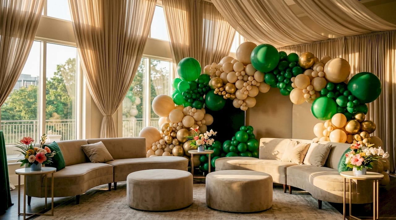 Event Decor Style Guide Explained for Planners Modular furniture and balloon decor lounge setup