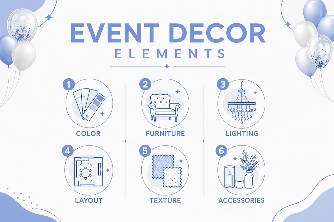 Event Decor Style Guide Explained for Planners Infographic showing key elements of event decor style