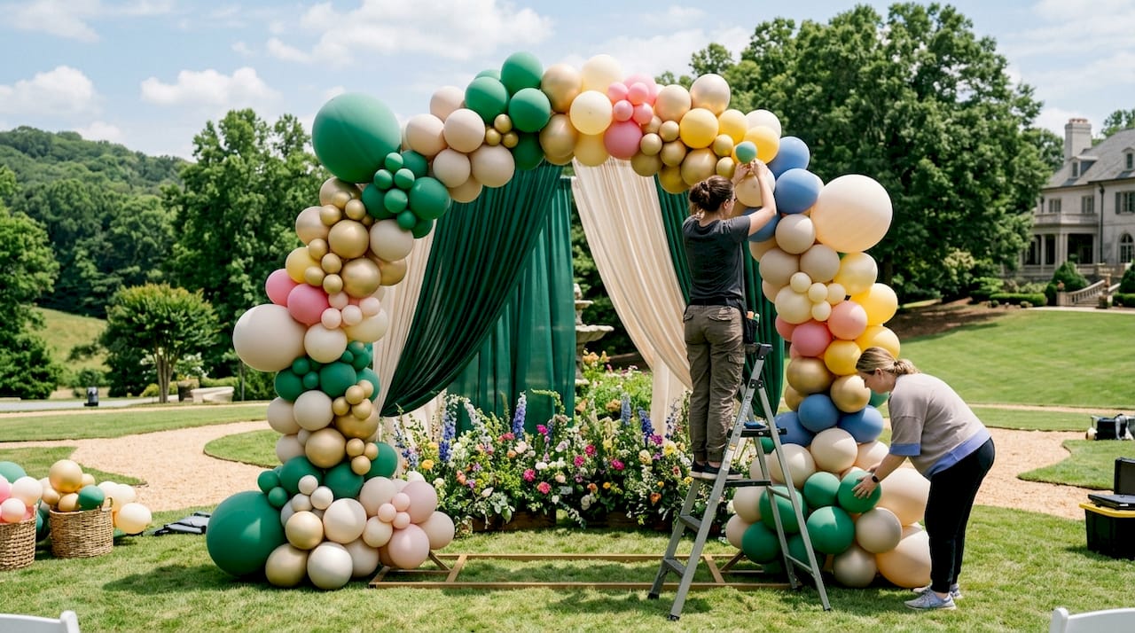Balloon Decor for Outdoor Events: A Planner's Guide Sturdy freestanding balloon arch outdoors with weighted base