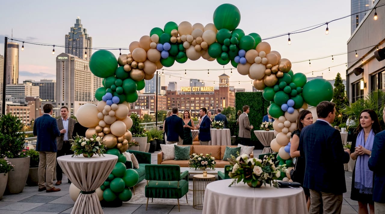 What Does a Balloon Artist Do? Your 2026 Event Guide Corporate event with chrome balloon backdrop in Atlanta