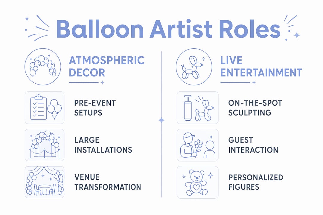What Does a Balloon Artist Do? Your 2026 Event Guide Infographic comparing balloon artist roles
