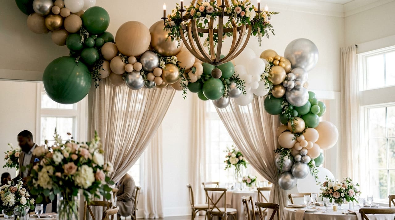 Events Balloons: 10 Creative Decoration Ideas for 2026 Close-up of organic balloon garland with florals in Atlanta garden