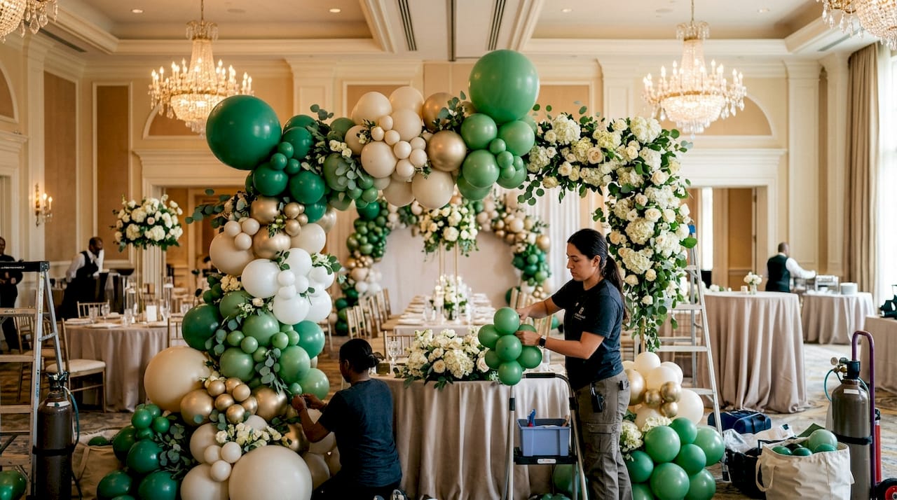 Balloon Decor Venue Coordination: A Planner's Guide Balloon decorators installing organic balloon installation indoors