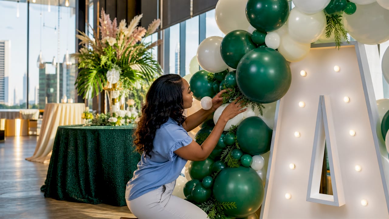 What Is a Marquee Balloon Letter? Your 2026 Event Guide Event designer assembling balloon garland on marquee letter