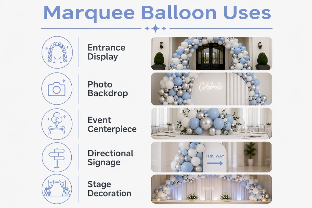 What Is a Marquee Balloon Letter? Your 2026 Event Guide Infographic showing marquee balloon letter uses for events
