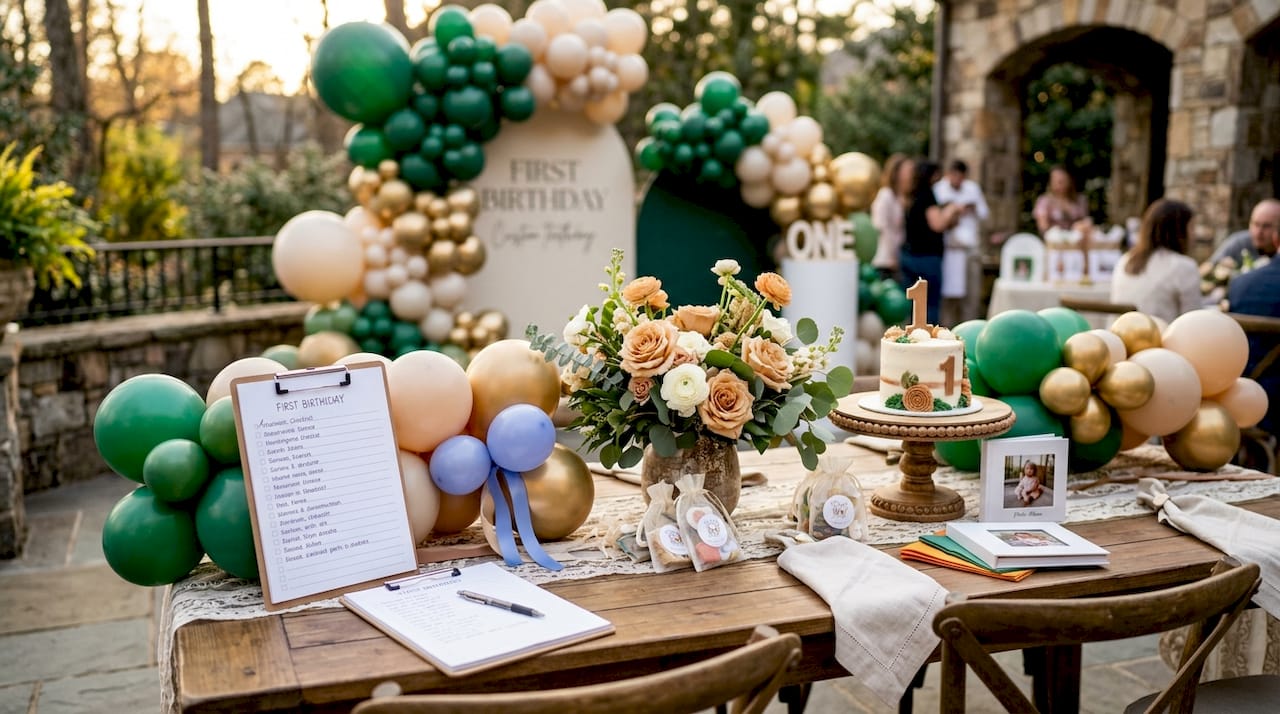 First Birthday Party Planning: A New Parent's 2026 Guide Close-up of first birthday party planning setup with balloons and checklist