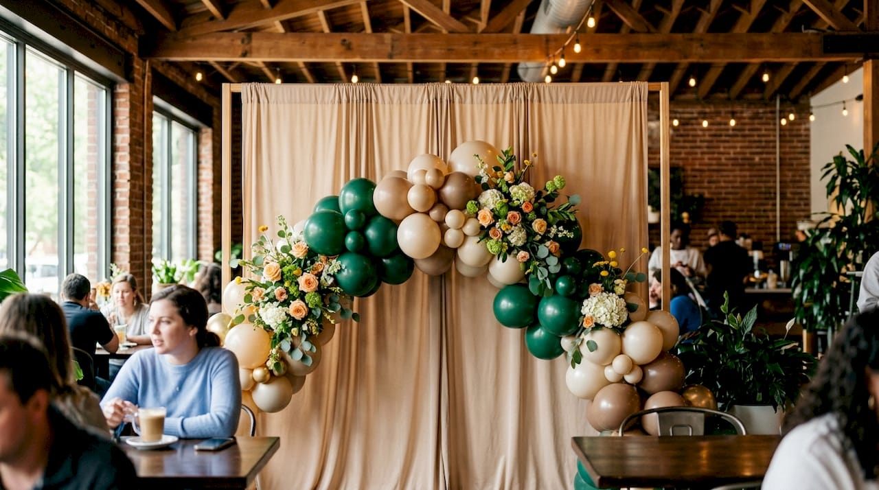 Types of Photo Op Backdrops: Your Complete Style Guide Muslin fabric photo backdrop with balloons in Atlanta venue