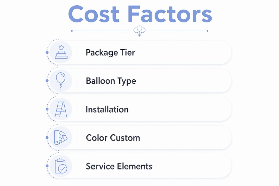 Choosing a Balloon Decor Package: Your 2026 Event Guide Infographic outlining key cost factors for balloon decor packages