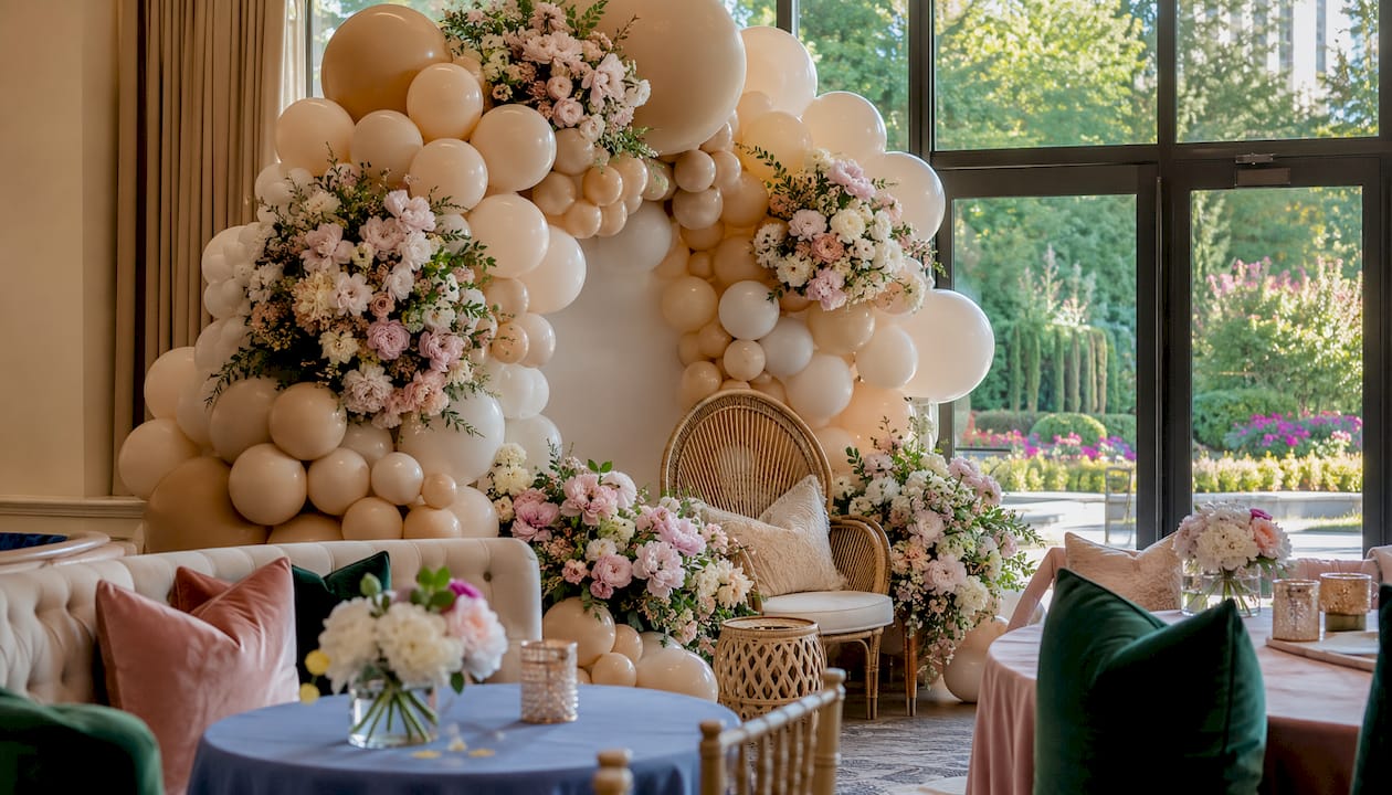Baby Shower Milestone Balloon Ideas in Atlanta for 2026 Outdoor baby shower balloon arch with floral accents in Atlanta