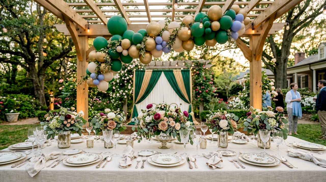 Anniversary Party Decoration Concepts That Wow in 2026 Vintage glamour anniversary table setting with balloons