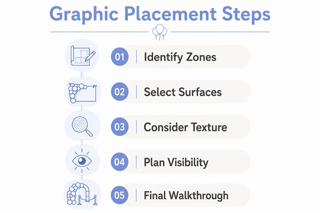 The Role of Graphics in Event Decor for Atlanta Luxury Events Infographic showing steps for graphic placement in luxury events