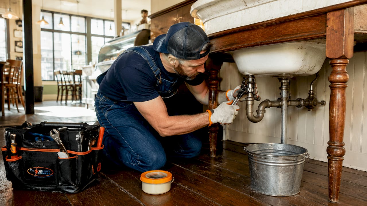 Plumber fixing slip-joint leak under sink