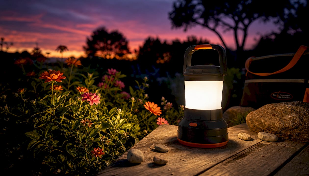 Battery-powered lantern glowing in backyard evening