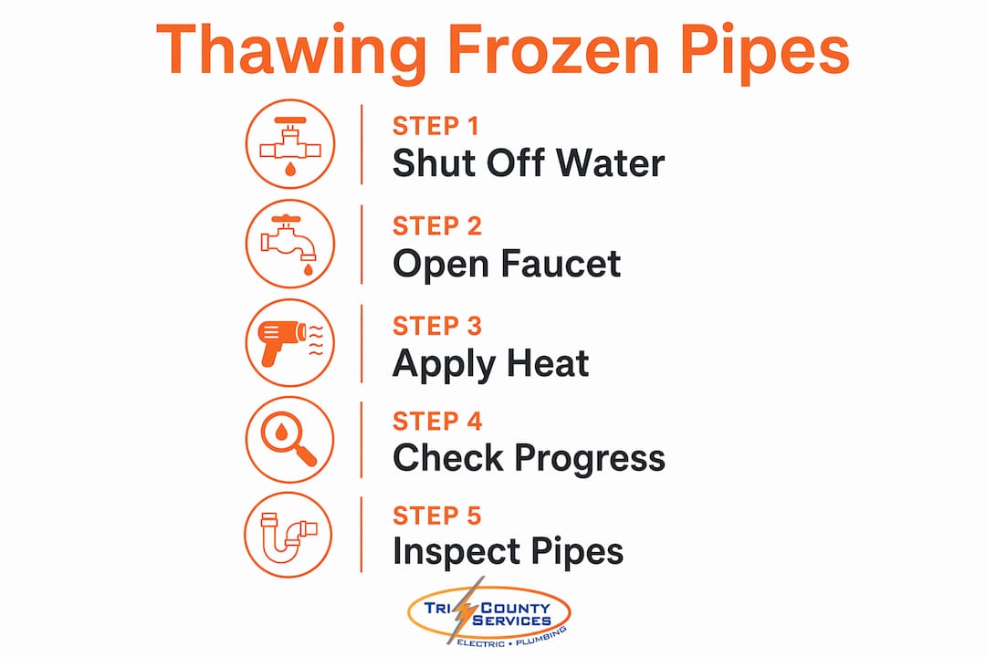 Infographic illustrating steps to safely thaw frozen pipes