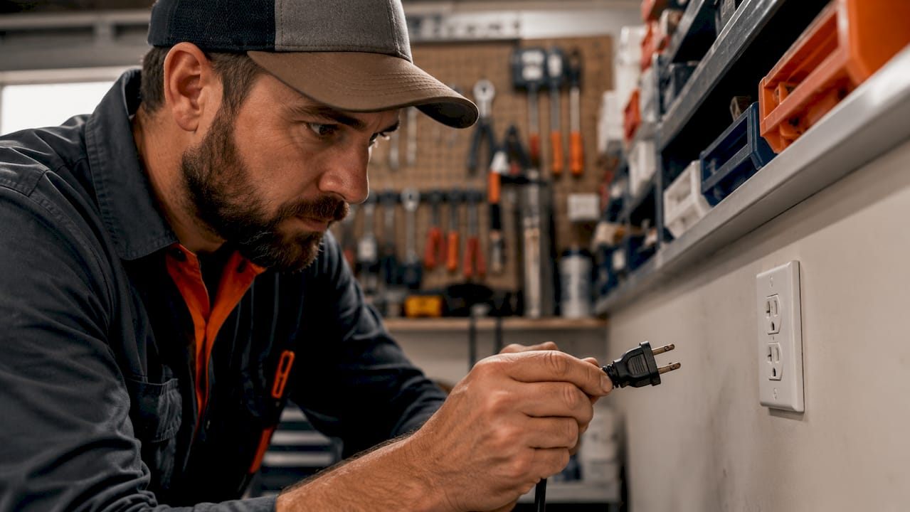Technician inspecting worn plug blades by outlet