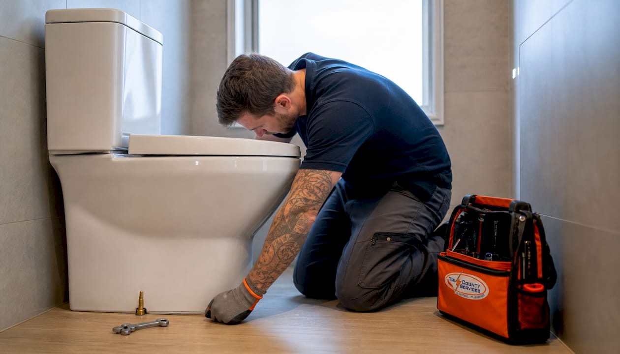 Hands tightening toilet closet bolts