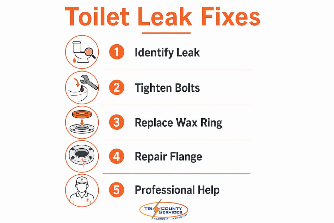 Infographic illustrating steps to fix toilet leaks